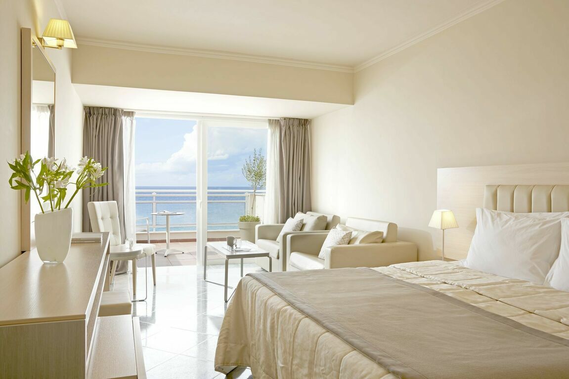 The sophisticated interiors of our Corfu luxury suite seaview at Pelekas Monastery.